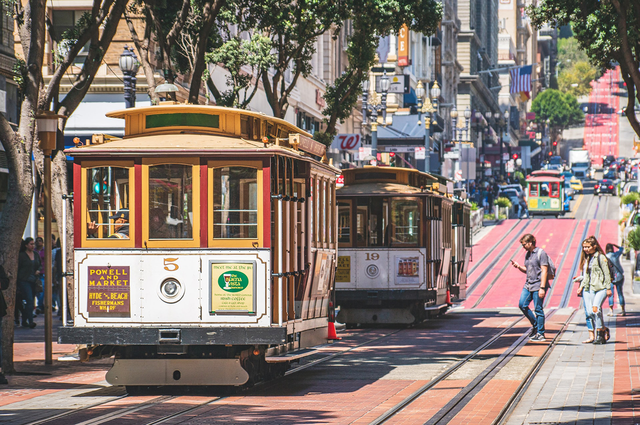 Cable cars on Powell Street in San Francisco on a sunny day.